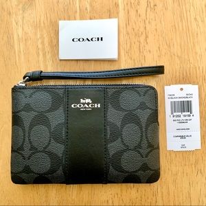 Coach Corner Zip Wristlet in Signature Canvas Black/Smoke NWT!